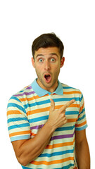 Surprised Man Pointing Right Wearing Striped Shirt