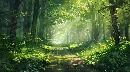 Fototapeta premium Tranquil Sunlit Forest Path with Lush Greenery and Light Rays