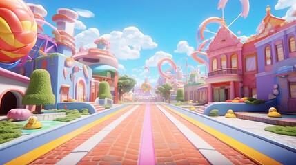 Obraz premium Fantasy Candy Village with Vibrant Houses and Lollipop Decorations Under Blue Sky. Generative AI