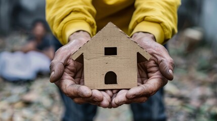 Close-up of hands holding a small cardboard house