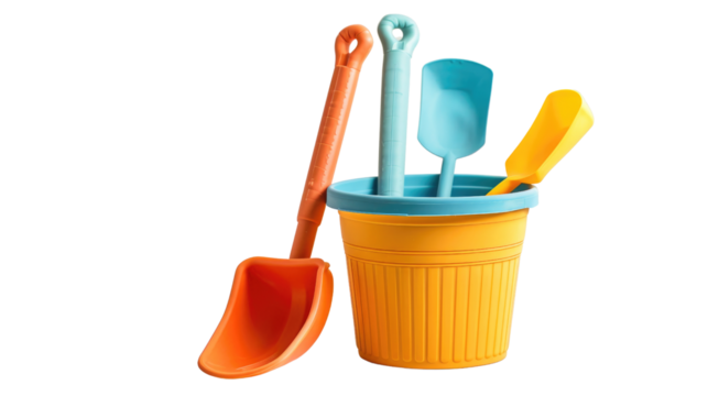 Beach bucket and shovel set on white background or PNG
