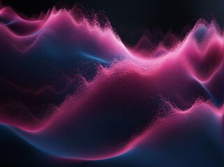 A mesmerizing digital artwork depicting a vibrant wave of energy composed of luminescent particles, flowing seamlessly in shades of pink and purple. The dynamic motion and glowing gradient 