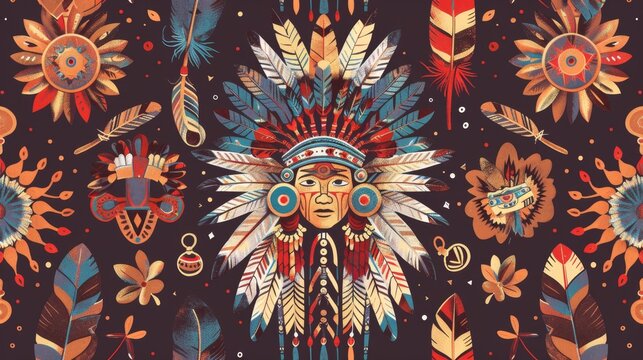 design of Native American and Pilgrim motifs, such as feather headdresses and hats