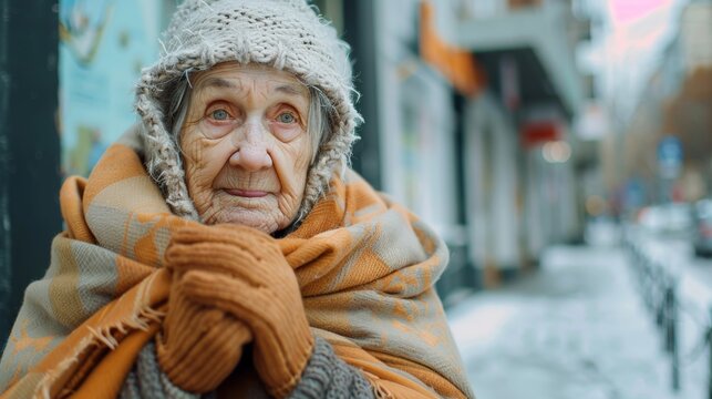 Elderly woman bundled in a scarf and gloves looks directly at the camera