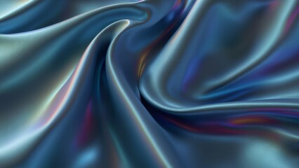 Fototapeta premium Iridescent Blue Silk, Luxurious Flowing Fabric, A close-up photo of luxurious blue silk fabric with iridescent shimmer. The soft, flowing folds create a beautiful abstract pattern