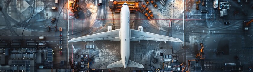 Aerial view of a large airplane parked at an airport terminal surrounded by various ground support vehicles and equipment.