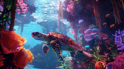 Vivid Underwater Wonderland with Sea Turtle and Coral Reefs