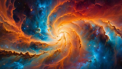  Cosmic Whirlpool, A breathtaking vista of a swirling nebula, painted in vibrant hues of orange and blue, set against the backdrop of a starry expanse. This ethereal dance of gas and dust 