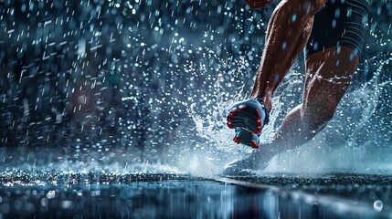 Close-up of an athlete running on a wet track, highlighting the movement and energy in a rain-soaked environment.