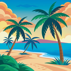 Fototapeta premium Summer tropical palms trees landscape with calm sea or ocean water, beach with sand