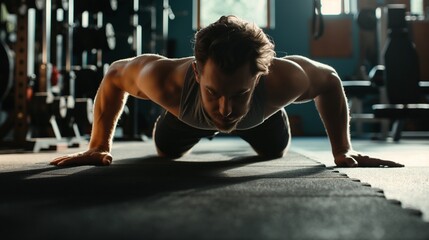 Fitness enthusiast doing push-ups in a gym