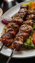 Close up of a plate of grilled chicken skewers
