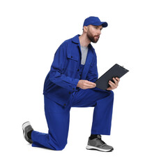 Professional auto mechanic with clipboard on white background