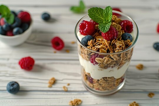 Cute glass of Greek yogurt with berries and yog urt dessert breakfast snack blueberry granola food fruit organic
