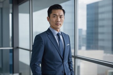 Fototapeta premium Asian businessman in dark blue suit stands confidently at modern office with large windows behind