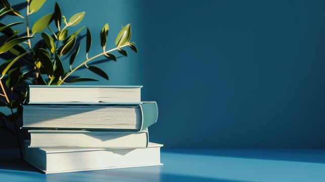 Books on a blue background with room for text