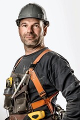 Fototapeta premium Electrician documenting electrical work, Portrait half-body, hyper-realistic, high detail, photorealistic, white background, studio lighting, Key Light, Fill Light, Back Light