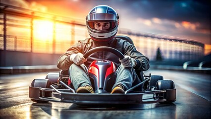 A driver in gear and helmet drives a racing car. In action. Go karts racing, sreet karting, rent. extreme sport. fun entertainment for drivers. Soft light glow, copy space