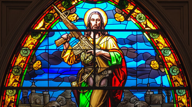 Jesus dressed as Rambo with automatic weapons in stained glass.