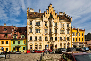 Obraz premium Main square in city Loket, Czech republic.