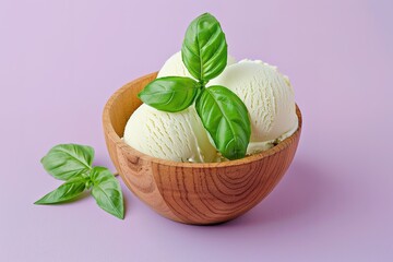 Fresh green basil leaves and ice cream in a wooden bowl isolated on a pastel purple background, space for text