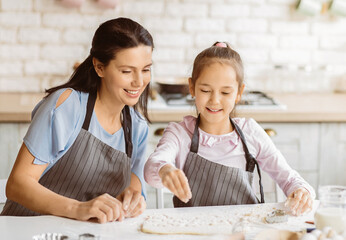 Fototapeta premium A mother and daughter are baking cookies together in a kitchen. The mother is wearing a blue shirt and a gray apron, and the daughter is wearing a pink shirt and a gray apron
