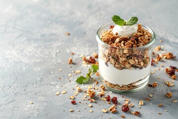 Fresh green basil leaves and ice cream in a wooden bowl isolated on a pastel purple background, space for text