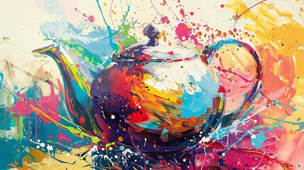Colorful Abstract Teapot Painting with Splashes and Vibrant Strokes