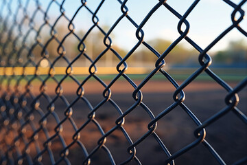 Fototapeta premium A close-up of a black chain-link fence with sunlight streaming through, highlighting a baseball field in the background