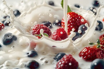 milk and cream pouring into a bowl with fruit as milk splashes. stock photo, high resolution photography, ultra realistic, detailed