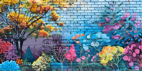 Obraz premium Vibrant Urban Street Art on a Brick Wall with Floral and Nature Elements