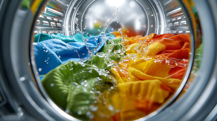 Close-up of Colorful Laundry and Water Bubbles Inside Washing Machine