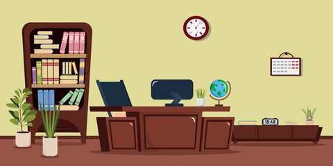 Vector illustration of a school classroom, a teacher's desk. Cartoon scene of a table, chairs with a computer, a globe, a bookcase, potted plants, a bedside table with a digital clock, a calendar.