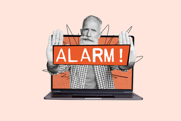 Composite photo collage of serious strict old man show alarm sign cybersecurity antivirus app trojan alert isolated on painted background