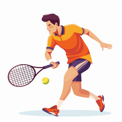 A man in an orange shirt and shorts is playing tennis. He is holding a tennis racket and is about to hit a tennis ball