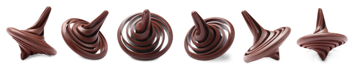 Brown spinning top isolated on white, collage