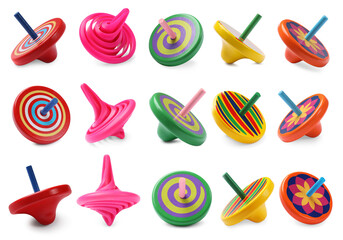 Many different spinning tops isolated on white, set