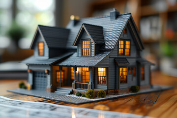 A detailed miniature house model with orange walls and blue roof, set on a table with vibrant greenery in the background