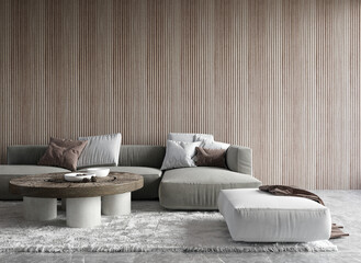 The cozy living room interior design and wooden wall background. 3d rendering