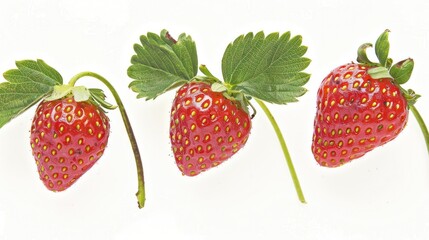 Three strawberries with strawberry leaf on white background.