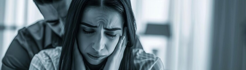 Fototapeta premium A young woman is comforted by a man indoors, expressing feelings of sadness and despair. The room is softly lit, emphasizing the melancholic mood.