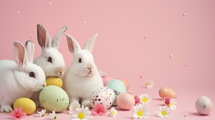 Obraz premium happy Easter written in the middle of the blue background with eggs and flowers decoration all around with empty copy space background wallpaper with rabbit playing on the celebration with egg 