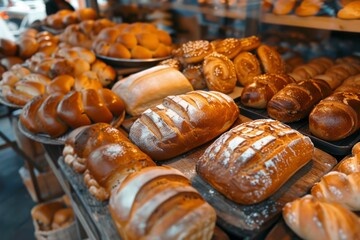 A vibrant display of mouthwatering pastries and bread, freshly baked to perfection at a bustling street bakery. The aroma of warm bread wafts through the air, enticing passersby to stop and indulge.