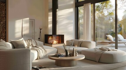 Fototapeta premium cozy living room interior scandinavian style, modern, minimalistic, fireplace, wooden table, couch