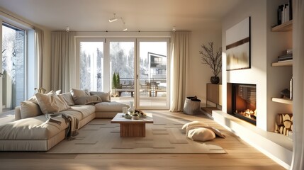 Fototapeta premium cozy living room interior scandinavian style, modern, minimalistic, fireplace, wooden table, couch