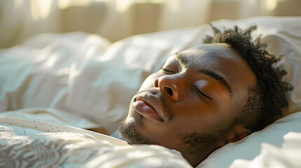 Young man peacefully sleeping in bed, enjoying a restful morning with soft sunlight streaming through the window curtains.