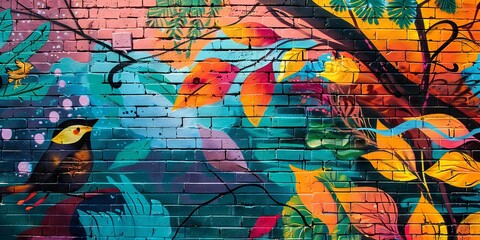 Obraz premium Colorful Bird and Nature Mural on Brick Wall