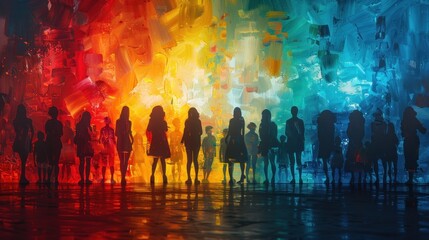 Silhouettes in vibrant, abstract rainbow background