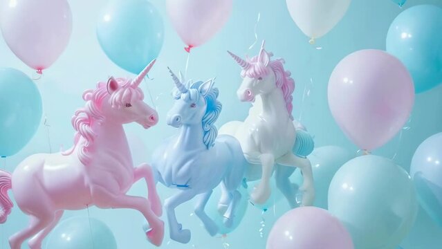 Three vibrant unicorn balloons in pastel pink, blue, and white float amidst blue and pink balloons on a light background. The whimsical scene is cheerful and dreamlike, evoking a sense of joy and