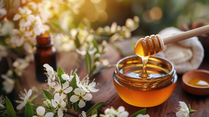Golden Honey Jar and Dipper with Spring Flowers